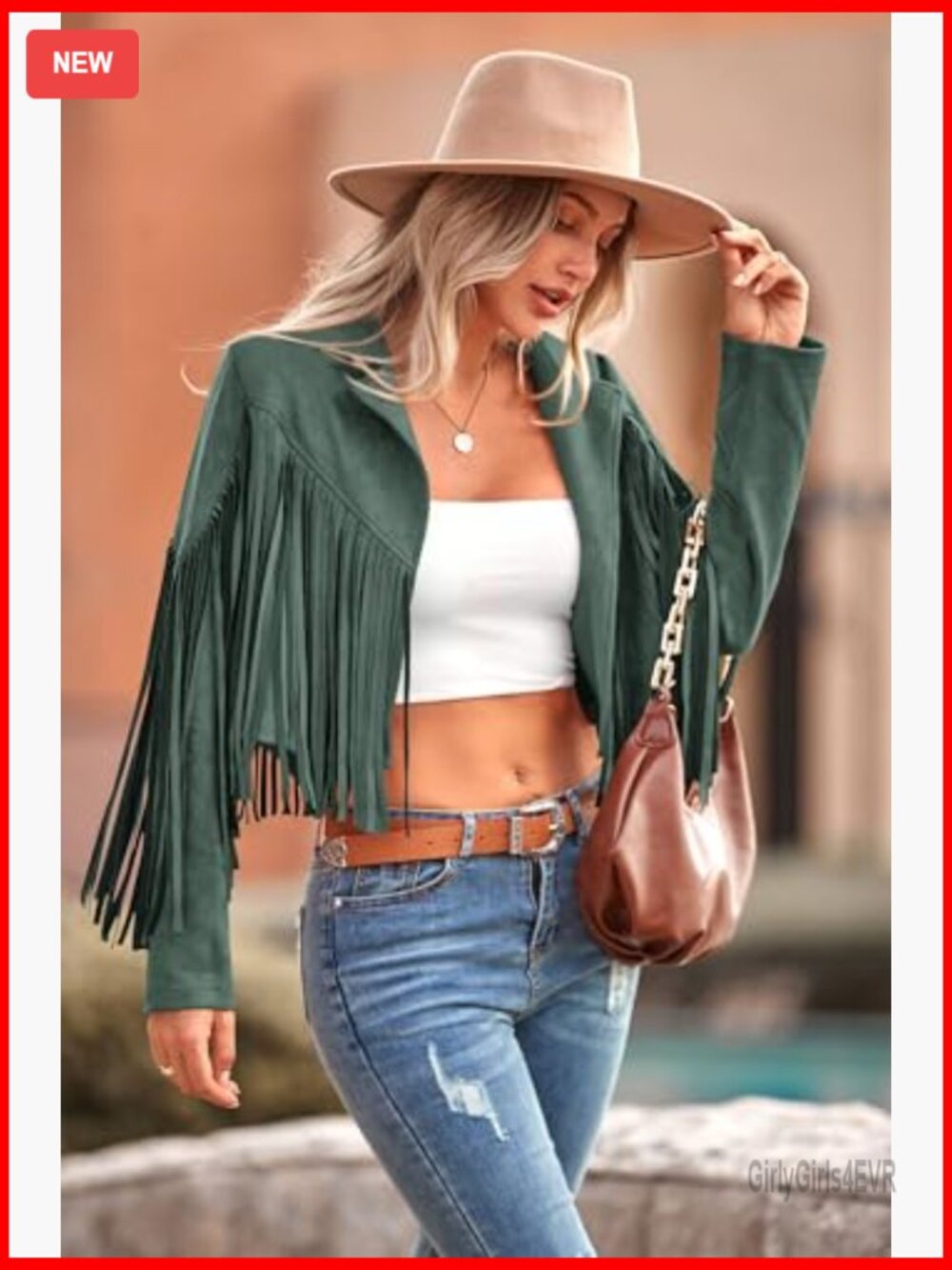 Faux Suede Fringe Cropped Jacket, Motorcycle Style, Fitted, Long Sleeve - Picture 4 of 7